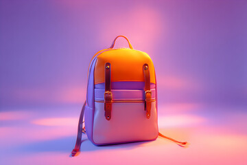 Vibrant and Stylish Backpack in Gradient Colors Against a Soft Purple and Orange Background
