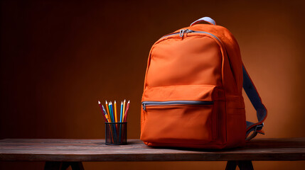 Vibrant Orange Backpack on Rustic Wooden Table with Colorful Pencils in a Warm Brown Background