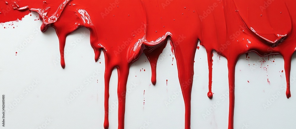 Poster vivid red paint dripping on a white surface creating an artistic abstract background with texture an