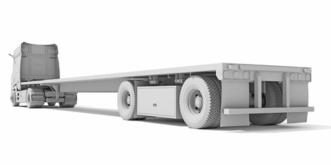 Semi Truck with Flatbed Trailer in Clay Style Render on White Background 3D Rendering