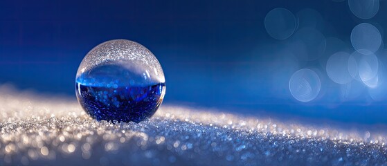 A clear glass sphere, filled with a deep blue liquid, rests on a bed of glittering ice-like particles against a backdrop of a deep blue, bokeh-filled sky