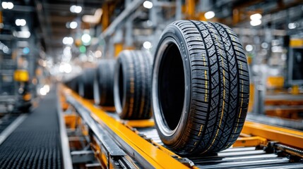 Fototapeta premium New car tires moving along a conveyor belt in a modern automotive manufacturing factory production line