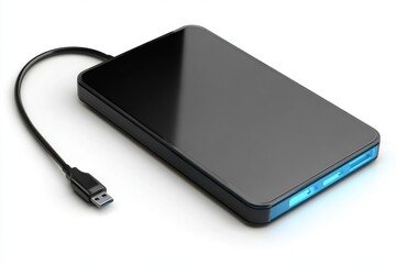 External Hard Drive with USB 3.0 Cable Isolated on White Background, Illuminated Edge