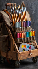 Artistic Wooden Backpack Filled with Paintbrushes and Colorful Markers Against a Textured Background