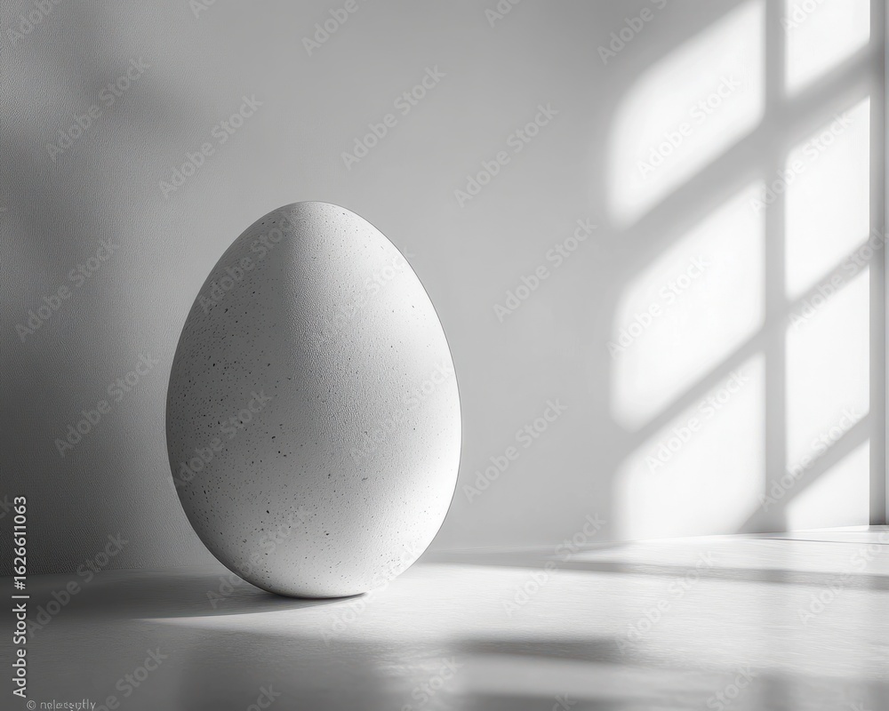 Poster minimalistic white egg in natural light with cast shadows on a plain surface for artistic or concept