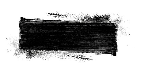 Rough black rectangle grunge banner with paint roller ink streaks, distressed and worn marks on transparent background, featuring gritty handmade stains, smears, overlays, and trendy art texture