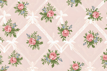 Vintage floral pattern with roses, bows, and soft pink background