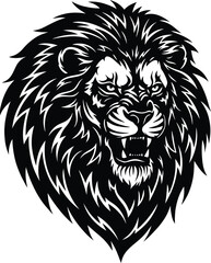 Detailed Angry Lion's Head, A Monochrome Vector Illustration Of A Roaring Predator, Excellent For Sports Team Logos, Tattoos, Or A Digital Graphic.