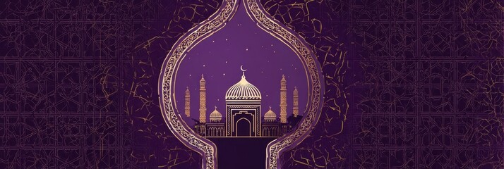 Golden outlined mosque displays purple scenery with gold geometric pattern creating a rich backdrop