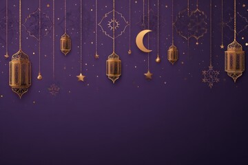 Golden Ramadan lanterns and crescent moon elegantly decorate a deep purple textured background beautifully