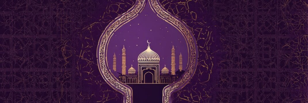 Golden outlined mosque displays purple scenery with gold geometric pattern creating a rich backdrop