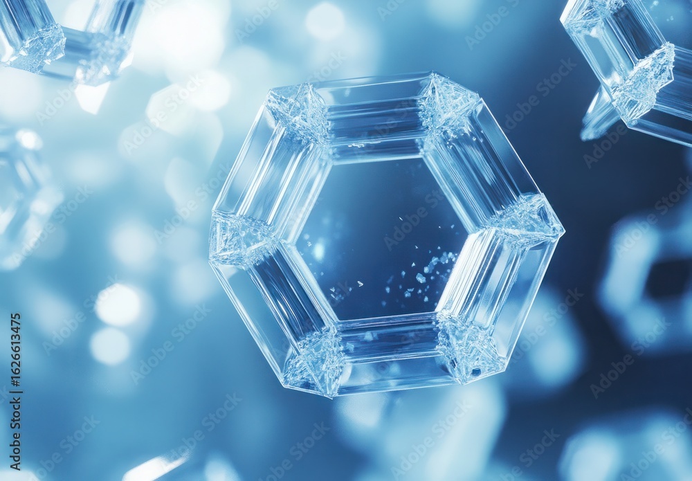 Aufkleber intricate hexagonal crystal formation against a soft blue background with bokeh effects and light re