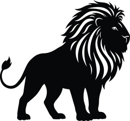 Standing Lion Silhouette, Black And White Vector Illustration Of A Majestic Wild Animal, Perfect For A Logo, T-shirt Design, Or Any Branding Project.