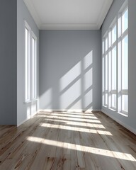 Obraz premium modern empty living space with light grey walls, white ceiling, seamless wooden floor, vertical daylight casting clean shadows, 3d render
