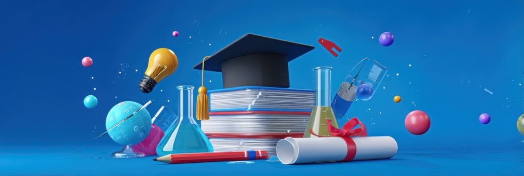 Graduation cap sits upon books with lightbulb, flasks, and diploma over blue - Powered by Adobe