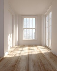 Fototapeta premium empty apartment with warm daylight entering through upper window, minimal vertical composition, no furniture, clean design, 3d render