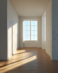 empty apartment with warm daylight entering through upper window, minimal vertical composition, no furniture, clean design, 3d render