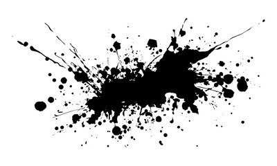 Black paint splatter and ink splash isolated on transparent background, vector illustration. Abstract grunge blot, dripped stain texture, artistic brush design, monochrome liquid art