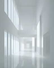 Obraz premium vertical architectural visualization with clean white surfaces, soft overhead daylight, empty modern interior, 3d render