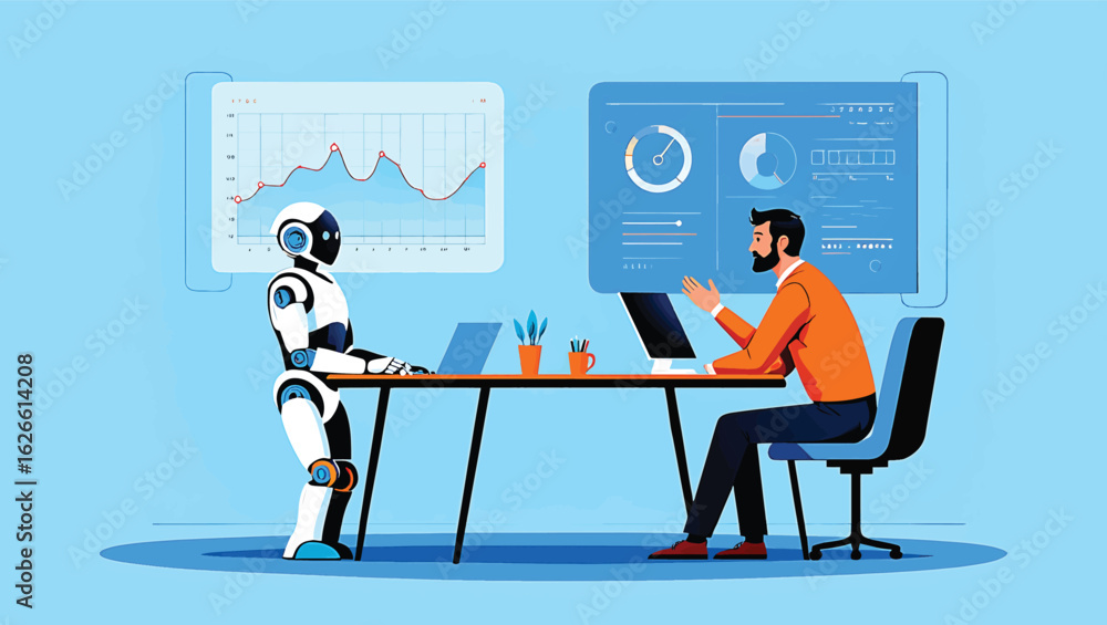 Poster ai robot and businessman collaborating on data analysis. futuristic workplace technology vector illu