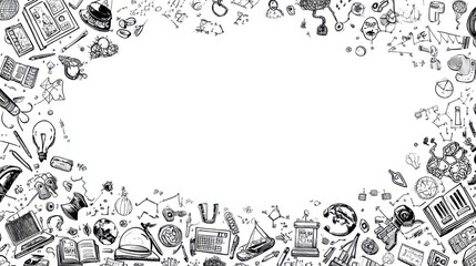 Intricate Black and White Doodle Frame Science, Books, Brains, Formulas, and More Details