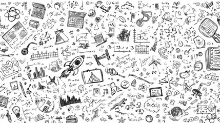 Intricate Black and White Doodle Illustration Equations, Diagrams, Rocket, Calculators, Graphs, and Conceptual Sketches on White Background