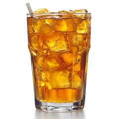 A tall glass filled with ice cubes and a brown liquid with a straw on a white isolated background