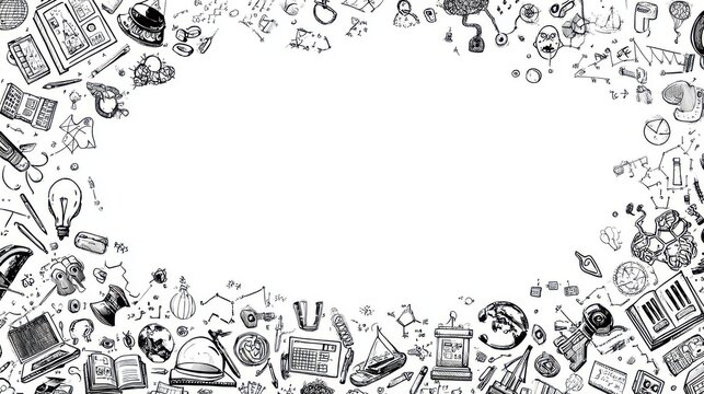 Intricate Black and White Doodle Frame Science, Books, Brains, Formulas, and More Details