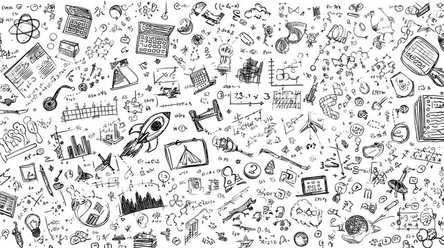 Intricate Black and White Doodle Illustration Equations, Diagrams, Rocket, Calculators, Graphs, and Conceptual Sketches on White Background