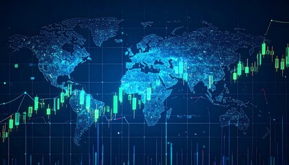 Global market analysis with world map and stock charts