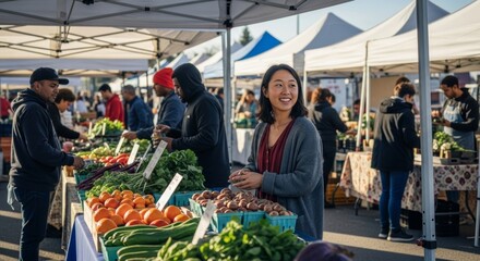 Smiling Asian woman in cardigan browsing fresh vegetables and fruits at busy outdoor farmers market with vendors and customers under white tents