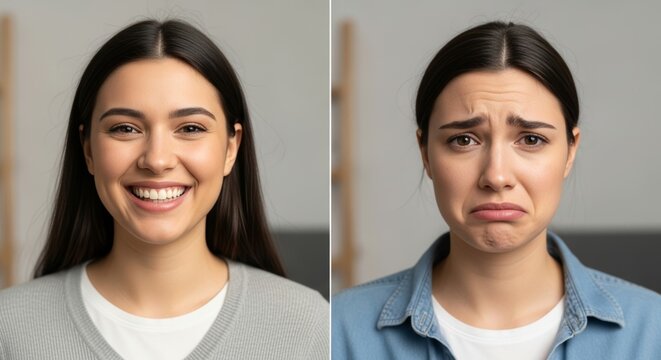 A split-screen image showing a young woman's contrasting emotions. On the left, she is smiling happily, and on the right, she is frowning and looking sad.