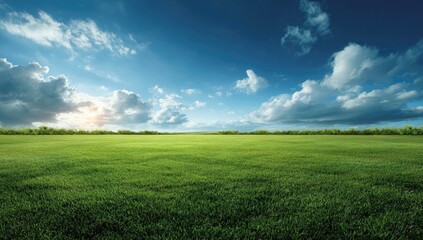 Obraz premium Vast expanse of vibrant green grass stretches under a partly cloudy, bright blue sky. Sunlight filters through the clouds