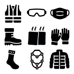 Snow Safety Gear Icons. Solid, filled icons set of snow clearing safety equipment: reflective vest, safety
