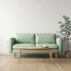 Light green couch and wooden coffee table in a minimalist living room