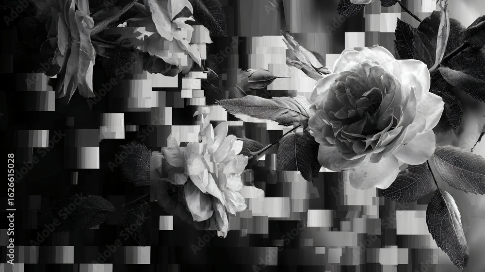 Poster abstract grayscale image of roses with pixelated effect.