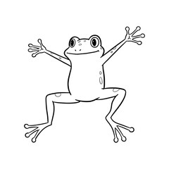 A charming black and white line drawing of a frog with outstretched limbs