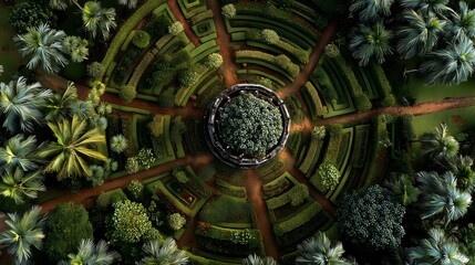 Mangosteen tree aerial view of radial pathways