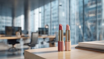 Two lipstick tubes, rosy red and blush, rest on a light wooden desk in a modern office space, bathed in natural light