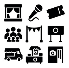 Event Marketing Icons. Solid, filled icons set of local event marketing: stage, microphone, ticket, crowd,