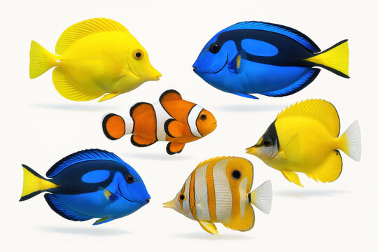 Colorful tropical fish swimming on white background