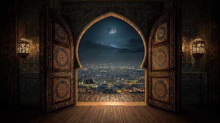 Ornate Arabic Doorway Overlooking a City at Night Under a Full Moon