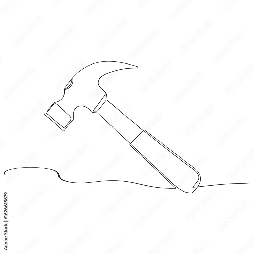 Poster continuous single one line drawing of hammer construction handyman tool and judge law vector illustr