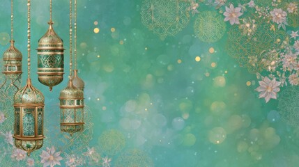 Ornate gold hanging lanterns dangle with elaborate floral mandalas on an aquamarine sparkling background