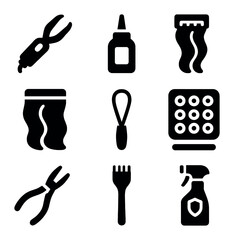 Obraz premium Hair Extension Tools Icons. Solid, filled icons set of hair extension tools: fusion tool, bonding glue,