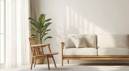Light-filled living room with wooden furniture and a plant