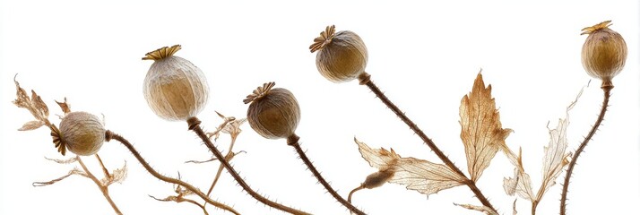 Several dried poppy seed heads and skeletal leaves stand against a stark white backdrop