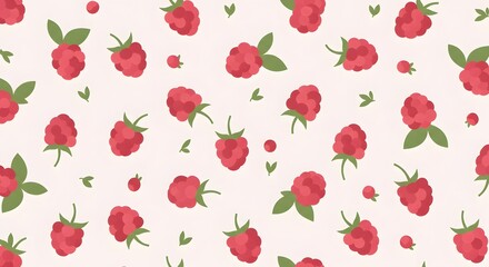 Pattern of Red Raspberry Berries with Green Leaves on Light Background for Food and Nature Design