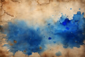 Abstract blue watercolor splash and splatters on textured vintage paper background