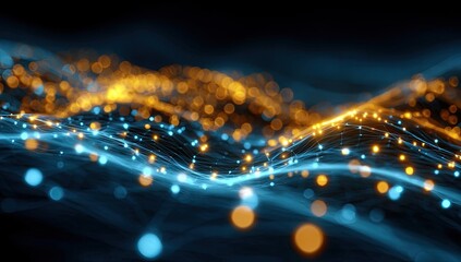 Abstract digital landscape of interconnected glowing particles, exhibiting a wavy, textured surface with a mix of vibrant blue and warm orange-yellow hues.  Dark backdrop enhances the luminous effect